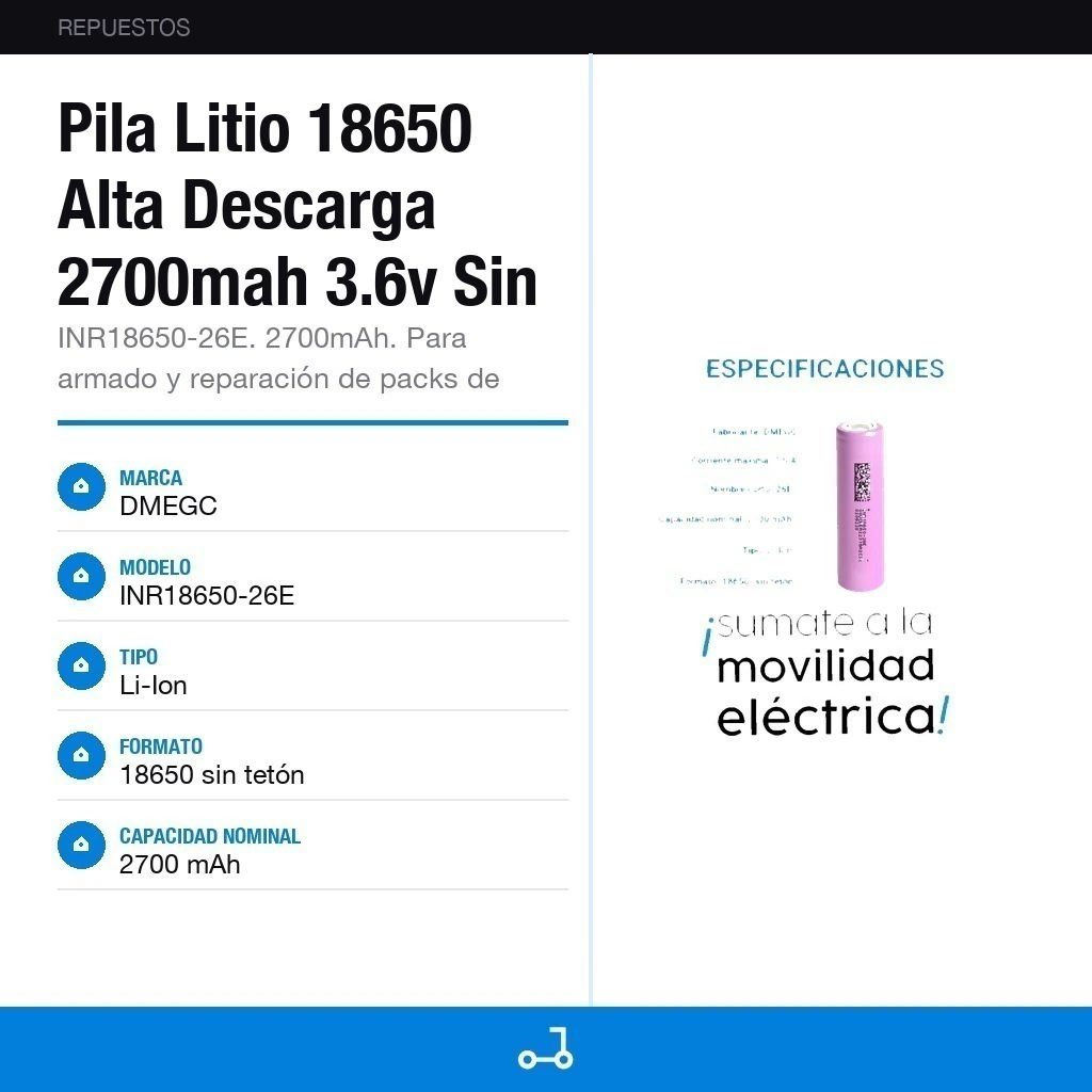 Pila Litio 18650 Alta Descarga 2700mah 3.6v Sin Teton